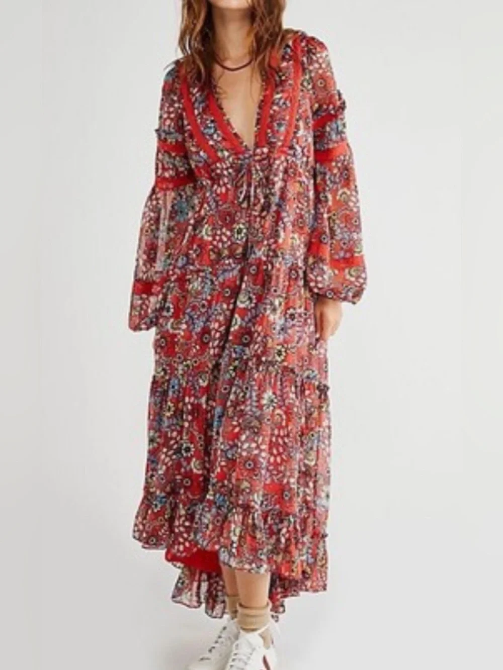 Free People Cassis Printed Chiffon Floral Maxi Dress Red Size Large